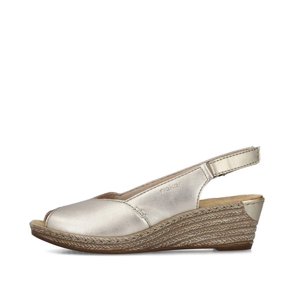 Rieker 62462-90 Pale Gold Metallic Peep Toe Low Wedge Sandals – Missy