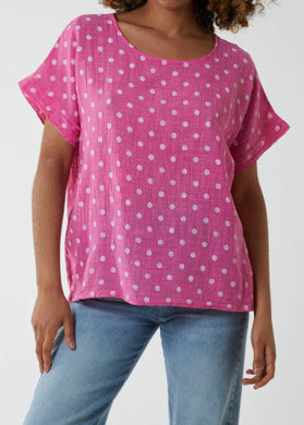 Polka Dot Short Sleeve Round Neck Cotton Top (2 Colours)