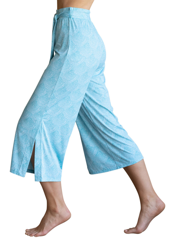 Wide Leg Crop Trouser with Khaki Leaf Print by Marble Scotland Fashion