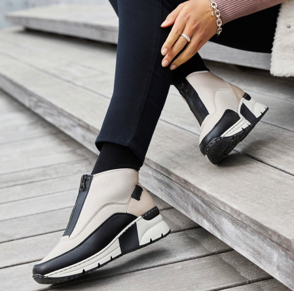 Rieker N6352-60 Korsika Cream and Black Wedge Zip Front Ankle
