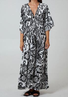 Black Floral Shirred Waist V-Neck Maxi Dress