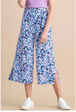 Marble 6996 Blue Multi Print Stretchy Wide Leg Cropped Trousers