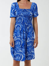 Blue Shirred Short Sleeved Marble Effect Dress