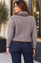 Collard Striped Light Blue And Chocolate Knitted Cardigan