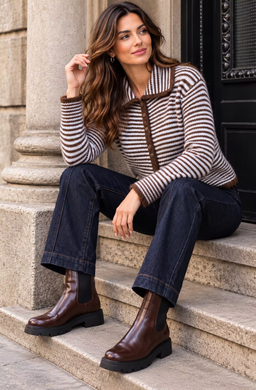 Collard Striped Light Blue And Chocolate Knitted Cardigan