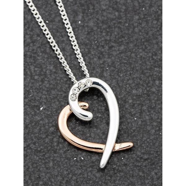 Two Tone Heart Necklace in Sliver And Rose Gold With CZ Crystals