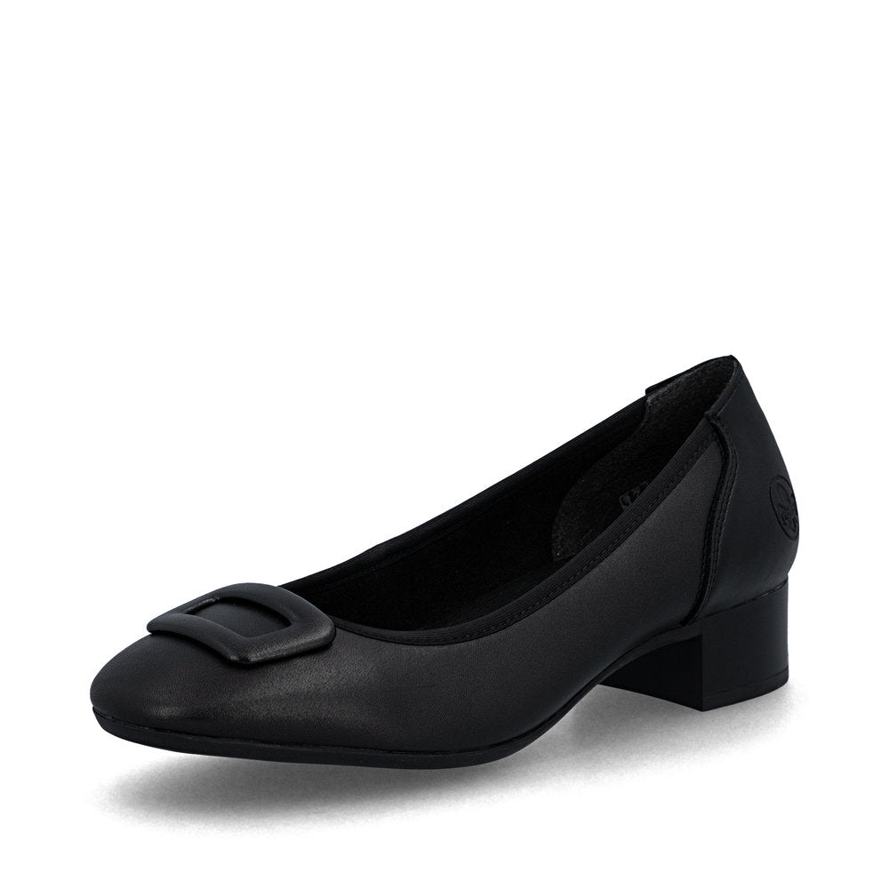 Rieker 43453-00 Lugano Black Leather Block Low Heeled Court Shoes