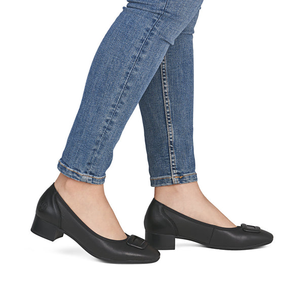 Rieker 43453-00 Lugano Black Leather Block Low Heeled Court Shoes