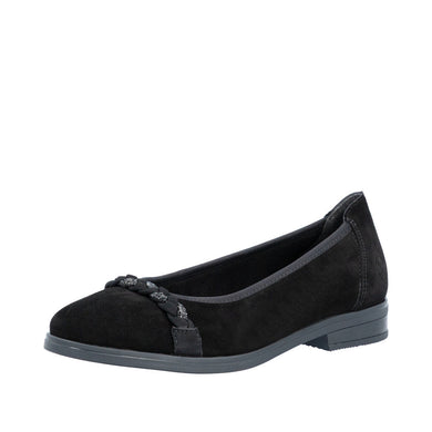 Rieker 46257-00 Black Suede Leather Ballet Pump with jet Crystal Platt Front Detail