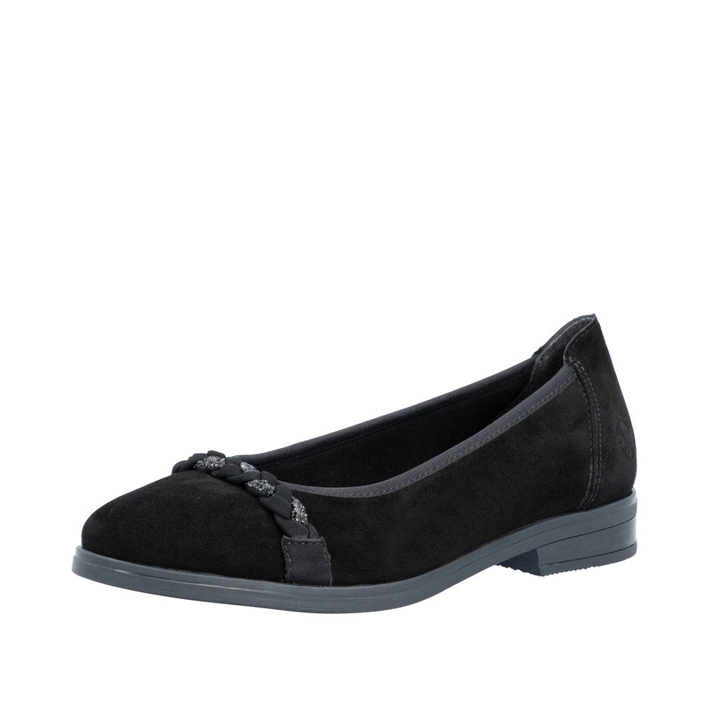 Rieker 46257-00 Black Suede Leather Ballet Pump with jet Crystal Platt Front Detail