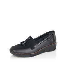 Rieker 53771-00 Black Leather Combination Tassel Front Wedge Loafers