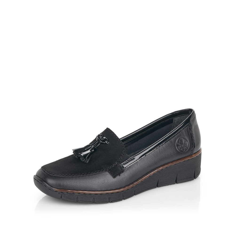 Rieker 53771-00 Black Leather Combination Tassel Front Wedge Loafers