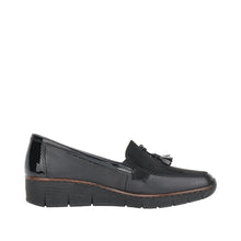 Rieker 53771-00 Black Leather Combination Tassel Front Wedge Loafers