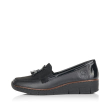 Rieker 53771-00 Black Leather Combination Tassel Front Wedge Loafers