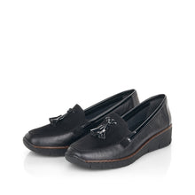 Rieker 53771-00 Black Leather Combination Tassel Front Wedge Loafers