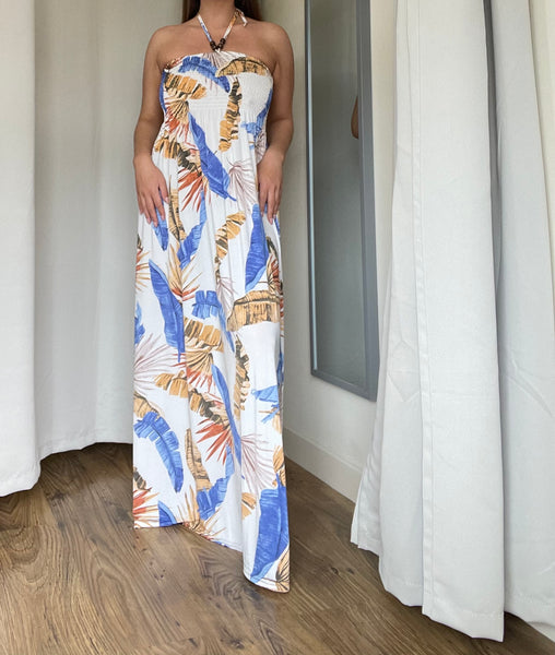 White And Blue Halter Neck Tropical Leaf Maxi Dress