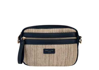 David Jones 7051-7 Rattan Camera Style Handbag With Navy Coloured Trim