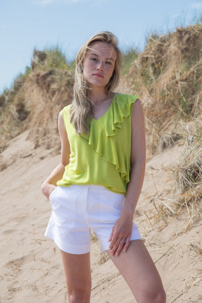 Marble 7376 Plain Fine Knit V-Neck Frill Front Sleeveless Top (3 Colours)