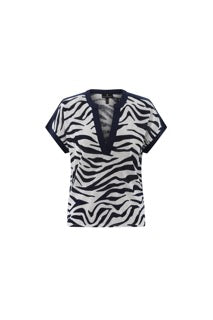 Marble 7846 Navy And White Mandarin Collar Zebra Print Top