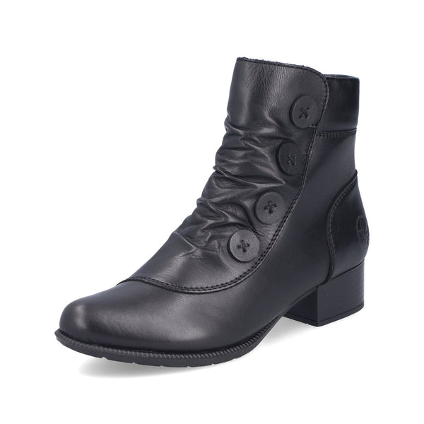 Rieker 78659-00 Minato Black Leather Block Heeled Ankle Boots
