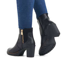 Rieker Y2557-00 Black Leather Block Heeled Ankle Boot With Gold Zip Detail