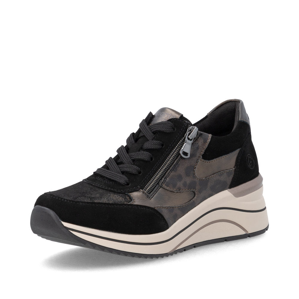 Remonte D0T23-03 Metallic Leather And Scuba Black Combination Wedge Trainers