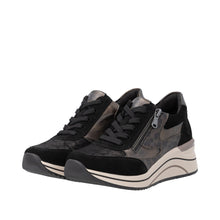 Remonte D0T23-03 Metallic Leather And Scuba Black Combination Wedge Trainers
