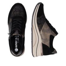 Remonte D0T23-03 Metallic Leather And Scuba Black Combination Wedge Trainers
