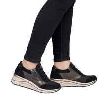 Remonte D0T23-03 Metallic Leather And Scuba Black Combination Wedge Trainers
