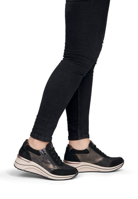 Remonte D0T23-03 Metallic Leather And Scuba Black Combination Wedge Trainers