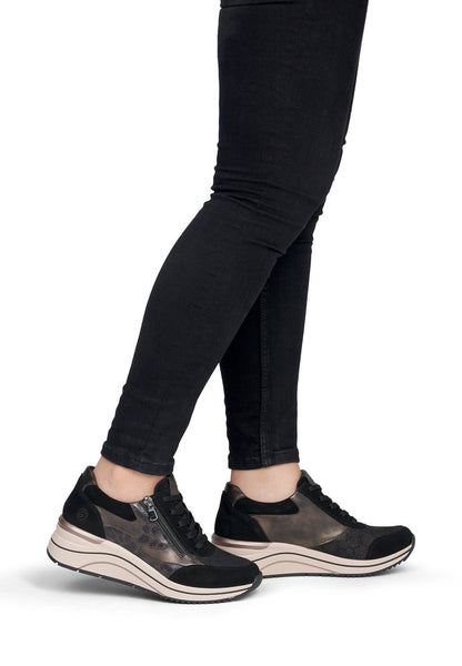 Remonte D0T23-03 Metallic Leather And Scuba Black Combination Wedge Trainers