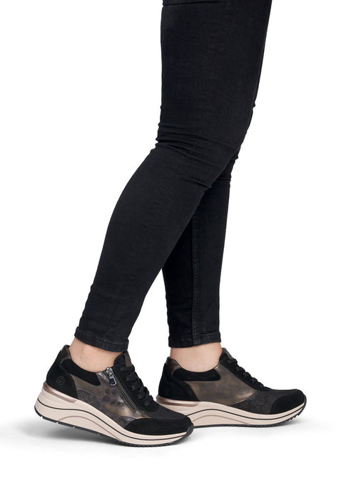 Remonte D0T23-03 Metallic Leather And Scuba Black Combination Wedge Trainers