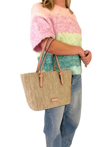 David Jones 7051-3 Medium Rattan Shopper Style Handbag With Coloured Trim(4 Colours)