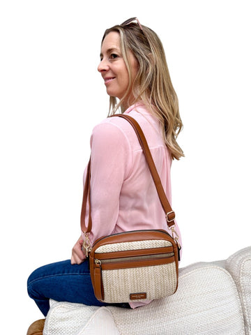 David Jones 7051-7 Rattan Camera Style Handbag With Coloured Trim