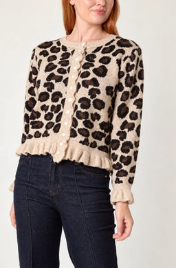 Animal Print Knitted Ruffle Trim Cardigan