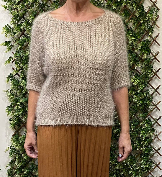 Plain Fluffy Sequin Round Neck Jumper (2 Colours)