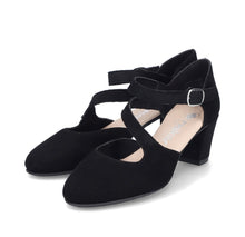 Rieker 41080-00 Black Suede Leather Block Heel Buckle Court Shoes