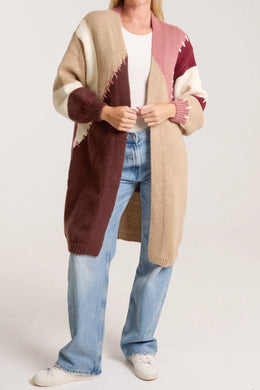 Combination Stitch Detail Colour Block Knitted Longline Cardigan (2 Colours)