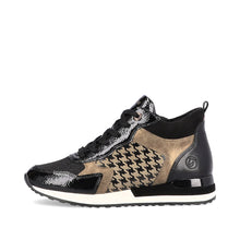 Remonte R2577-01 Lagro Leather Black and Taupe Hounds Tooth Print High Top Trainer Boots