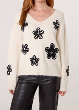 Cream And Black Embellished Flower Detail V-Neck Jumper