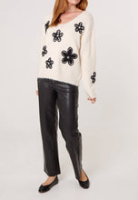 Cream And Black Embellished Flower Detail V-Neck Jumper
