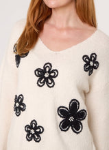 Cream And Black Embellished Flower Detail V-Neck Jumper