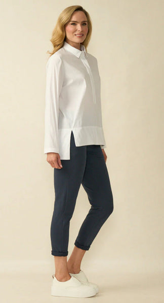 D.E.C.K By Decollage CC1134 White Stretchy Shirt With Dropped Hemline