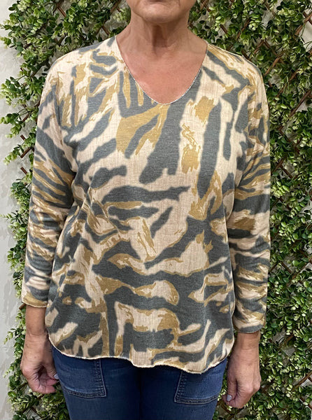 Green Multicoloured Mable Effect Print V-Neck Jumper