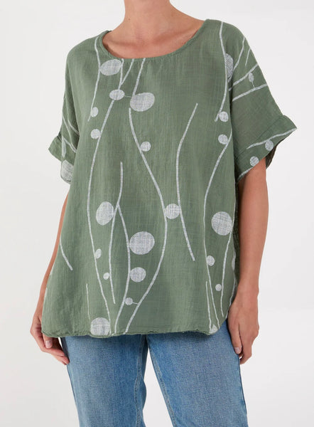 Circles Print Cotton Short Sleeved Round Neck Top (2 Colours)