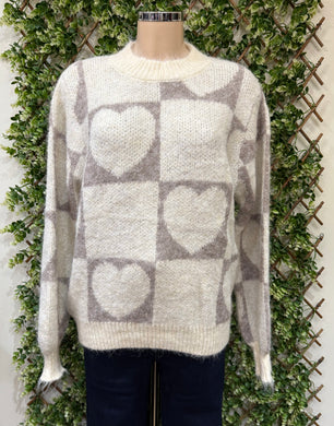Crew Neck Block Heart Design Jumper (2 Colours)
