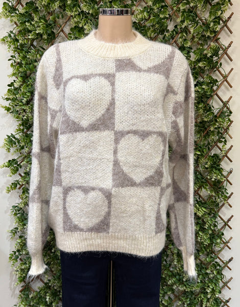 Crew Neck Block Heart Design Jumper (2 Colours)