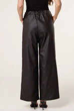 Lillan Plain Black Pleather Wide Leg Trousers With A Drawstring Waist