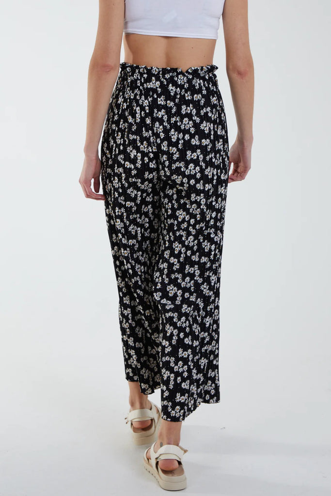 Black Daisy Print Pleated Wide Leg Trousers – Missy Online: Shoes ...