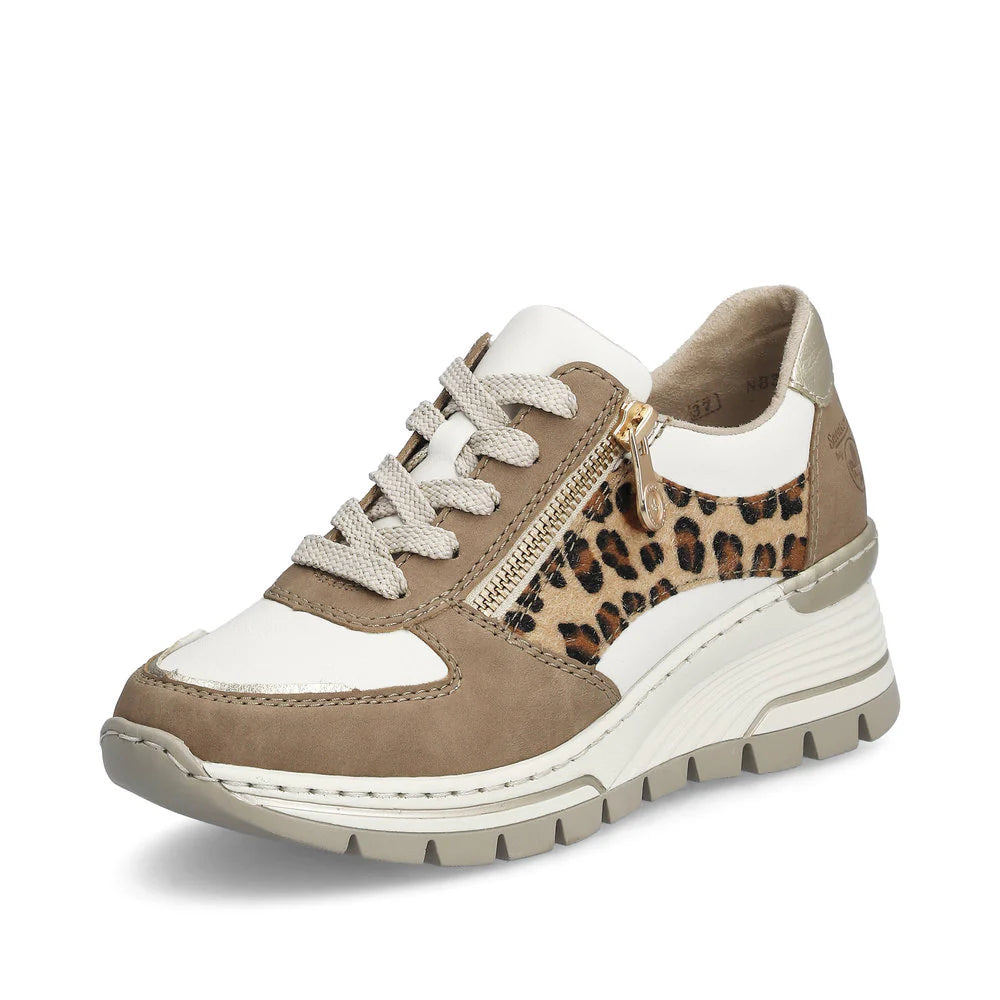 Rieker N8308-64 Leather Two Tone And Leopard Wedge Trainers